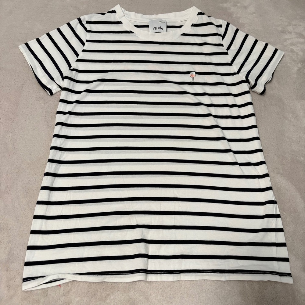 Allude Striped Wine Glass Graphic T-Shirt Women White Small Short Sleeve Cotton